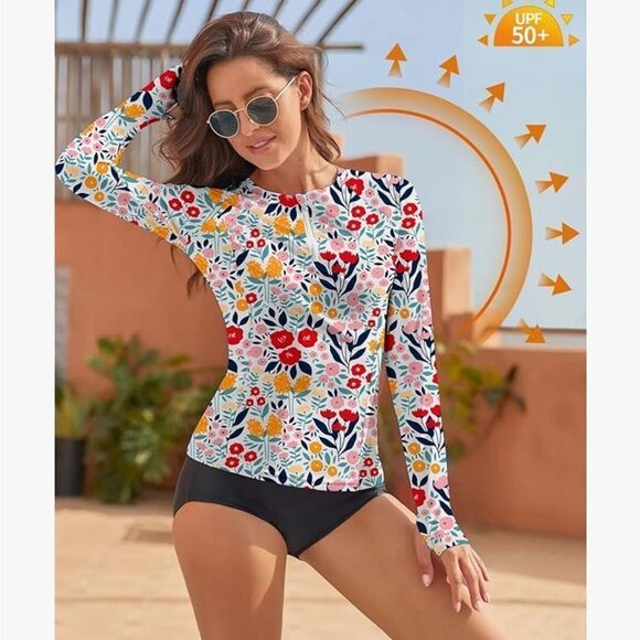 Bright Colored Floral Rashguard with front zip, thumb holes and 50+UPF- NWOT- Sm - Picture 4 of 13